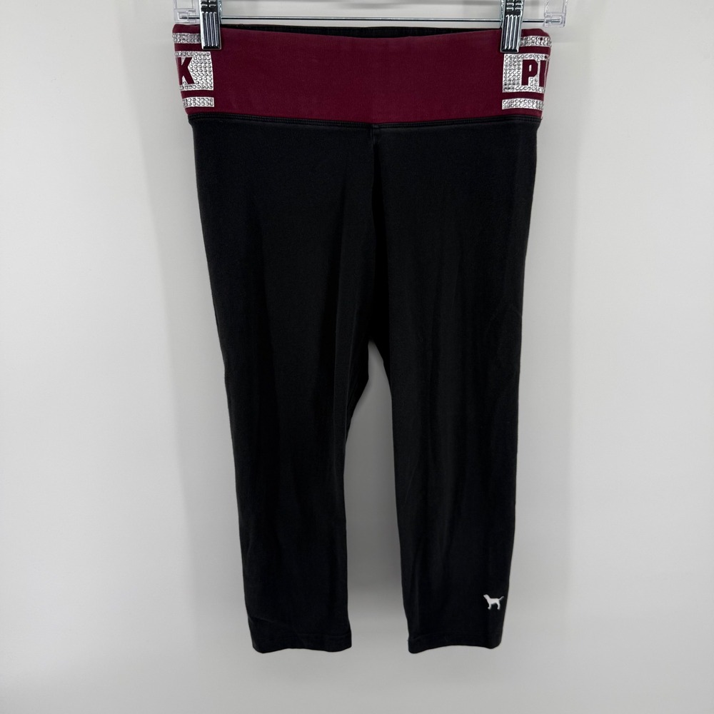 Victoria's Secret PINK Yoga Capri Leggings Black Burgundy Rhinestone Small Y2K